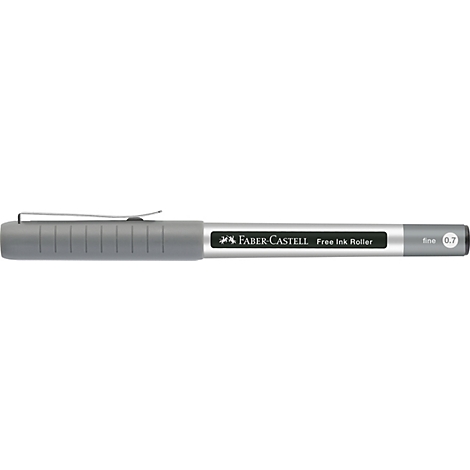 Grijze Faber-Castell fineliner met dop en clip. Op de pen staat "Free Ink Roller" en "0,7".