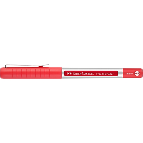 Een rode Faber-Castell fineliner die horizontaal ligt. Het heeft een zilveren clip en de tekst "Faber-Castell Free Ink Roller".