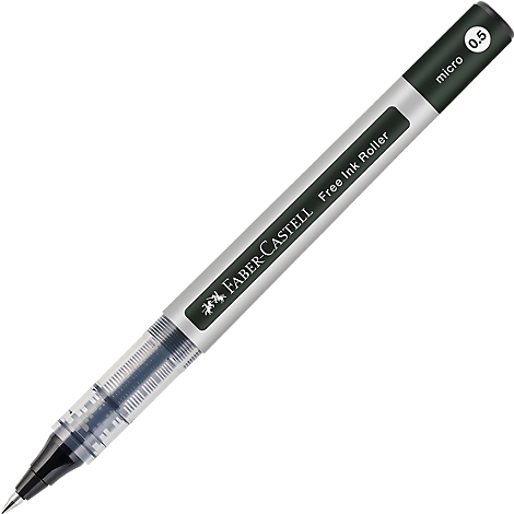 Een zwarte Faber-Castell fineliner, iets diagonaal liggend. Op de schacht staat 'Free Ink Roller' en '0.5 micro'.