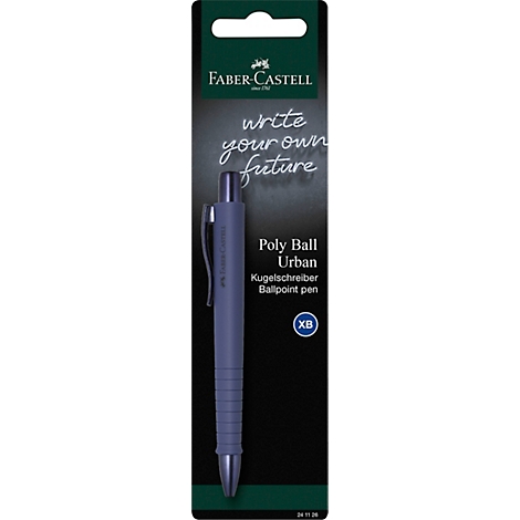 Stylo à bille bleu-noir "Poly Ball Urban" de Faber-Castell, emballé sur fond noir.