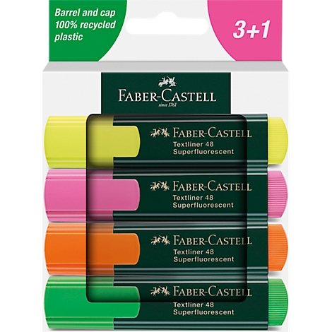 A set of four Faber-Castell textliners in yellow, pink, orange, and green. Packaged in a blister pack.