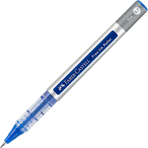Blauer Stift mit „FABER-CASTELL“ Aufdruck, silbernem Mittelteil und „0.7 fine“ Kennzeichnung.