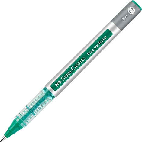 Ein grüner Faber-Castell Fineliner auf weißem Hintergrund. Der Stift hat die Aufschrift "Free Ink Roller" und "0.7".