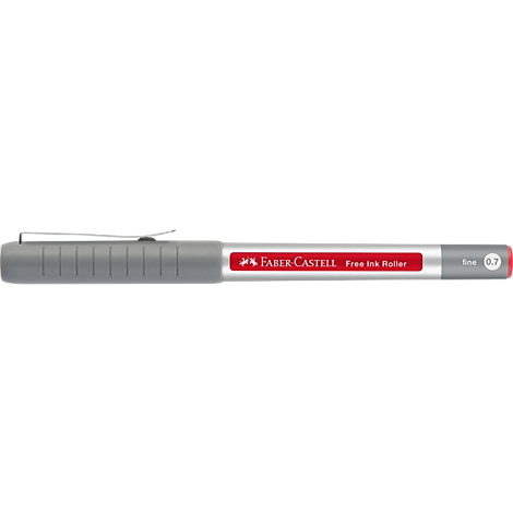 Grauer Faber-Castell Fineliner mit Clip. Der Stift hat einen roten Streifen mit der Aufschrift 'FABER-CASTELL Free Ink Roller'.