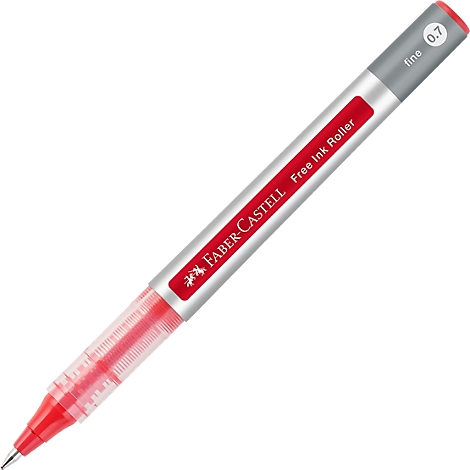 Roter Kugelschreiber von Faber-Castell. Der Stift hat eine rote Spitze, einen silberfarbenen Schaft und eine transparente Hülle.