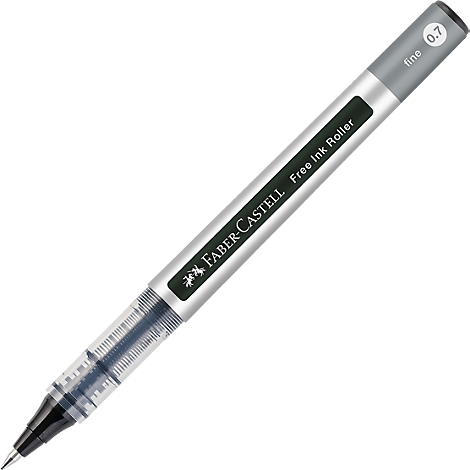 Ein grauer Faber-Castell Fineliner mit schwarzer Tinte. Der Stift hat eine feine Spitze und die Aufschrift "Free Ink Roller".
