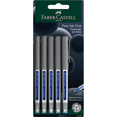 Fünf graue Faber-Castell Free Ink Fine Tintenroller in einer Blisterverpackung.