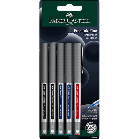 Fünf Faber-Castell Tintenroller in verschiedenen Farben auf einer Blisterkarte mit Produktinformationen.