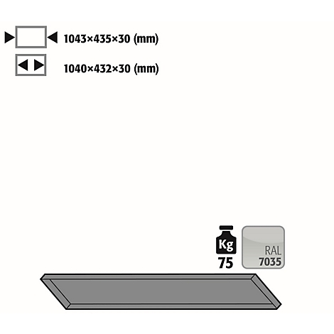 Graue Tischplatte mit Maßangaben und Gewichtsangabe 75 kg. Rechts Farbcode RAL 7035.