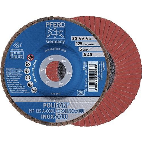 Ein Schleifscheibe mit roter Schleiffläche und blauer Mitte. Textdetails: PFERD, POLIFAN, 125 A-COOL 40 SG INOX+ALU, 125 x 18 x 22,23 mm.