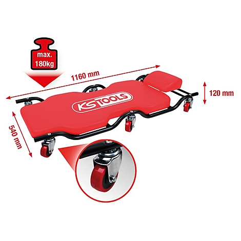 Rote KS TOOLS Werkstattliege mit Maßangaben. Detailansicht der Rollen. Tragkraft: max. 180 kg.