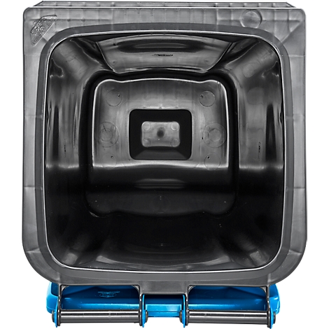Draufsicht auf einen schwarzen Müllcontainer, dessen untere Hälfte blau ist. Auf einer blauen Basis sind metallische Elemente sichtbar.