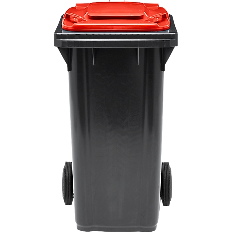 Schwarze Mülltonne mit rotem Deckel, zwei Rädern und Griff.