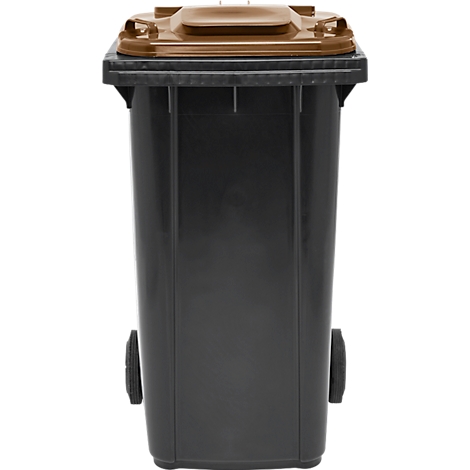 Schwarze Mülltonne mit braunem Deckel, zwei Rädern und Griff.