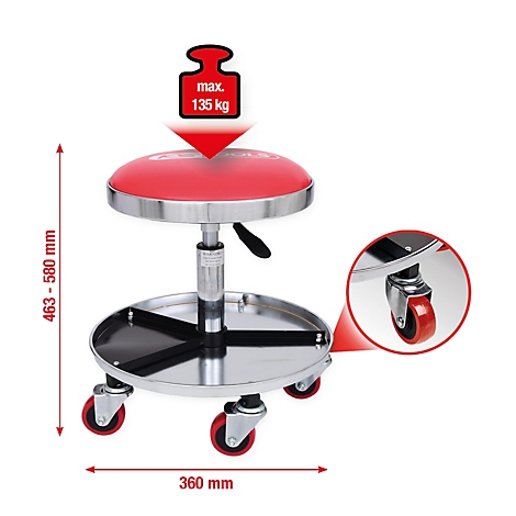 Roter Werkstatthocker mit Rollen, Tragkraft 135 kg. Höhenverstellbar, mit Ablage und Maßen.