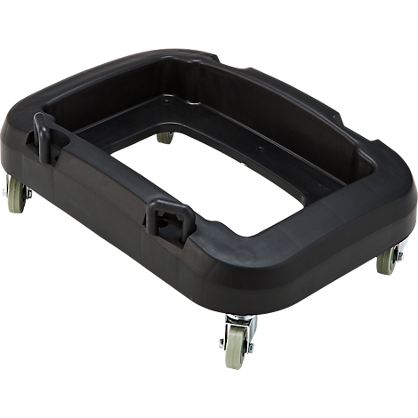 Schwarzer Wagenheber mit vier Rollen.