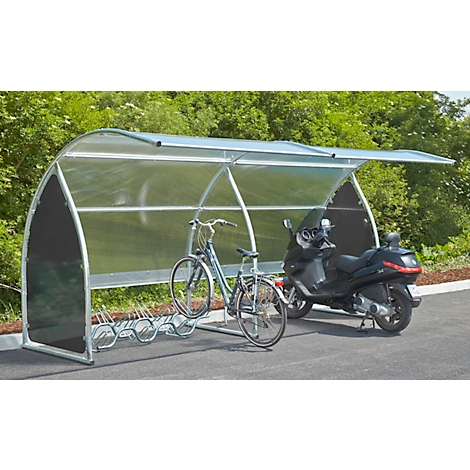 Fahrradunterstand mit Fahrrad und Motorroller. Helle Konstruktion, klarer Überstand.