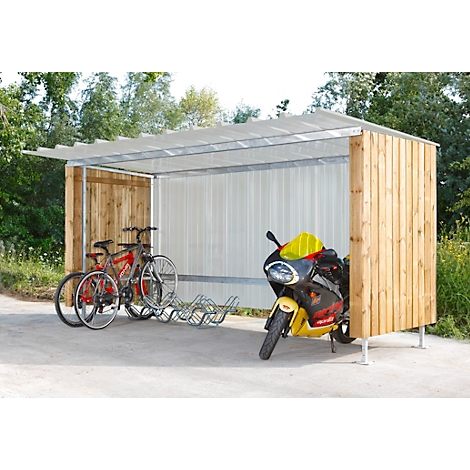Unterstand für Fahrräder und Motorrad. Holzstruktur, Wellblechdach, zwei Fahrräder und ein gelbes Motorrad.