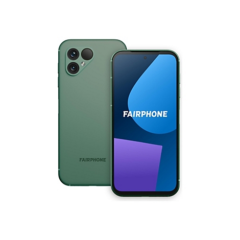 Zwei grüne Fairphone Smartphones; eines ist von hinten, das andere von vorne mit dem Bildschirmmotiv und dem Schriftzug 'FAIRPHONE'.