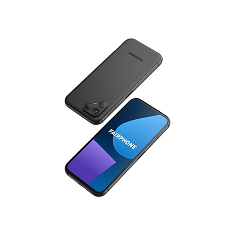 Zwei schwarze Smartphones; eines mit Bildschirm, das andere mit Rückseite nach oben. Auf beiden steht "Fairphone".
