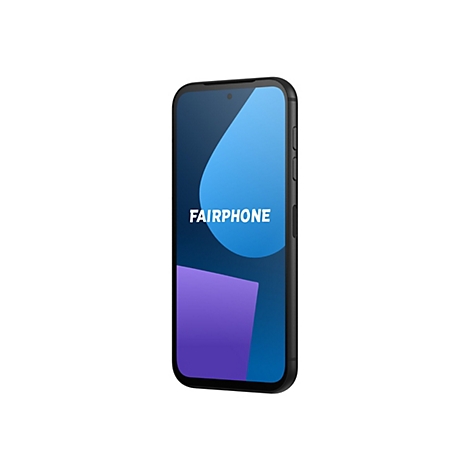 Ein Fairphone Smartphone vor weißem Hintergrund. Der Bildschirm zeigt ein blaues und violettes Design mit dem Schriftzug FAIRPHONE.