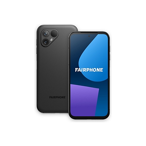 Deux smartphones Fairphone noirs sur fond blanc. L'un affiche le logo, l'autre le dos avec les caméras.
