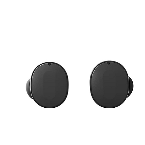 Deux écouteurs noirs ovales sur fond blanc. Chacun a une forme légèrement arrondie, avec un petit accent noir.