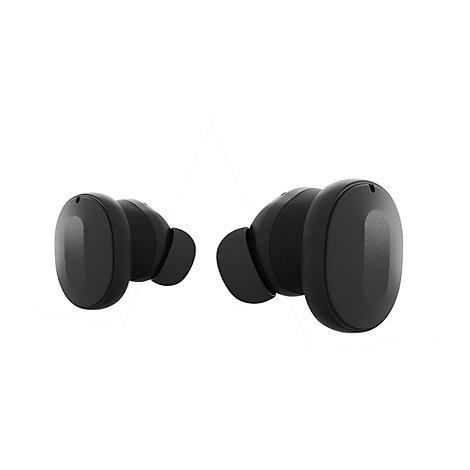 Deux écouteurs noirs sur fond blanc. Forme ronde, légèrement effilée.