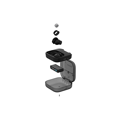 Vue éclatée d'un écouteur sans fil. Pièces individuelles : écouteurs, étui de chargement, embouts en silicone, batterie.
