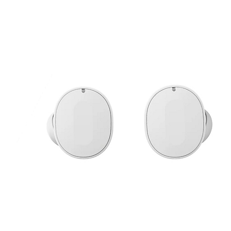Deux écouteurs sans fil blancs sur fond blanc. Les écouteurs sont ovales et chacun a un petit bouton rond.