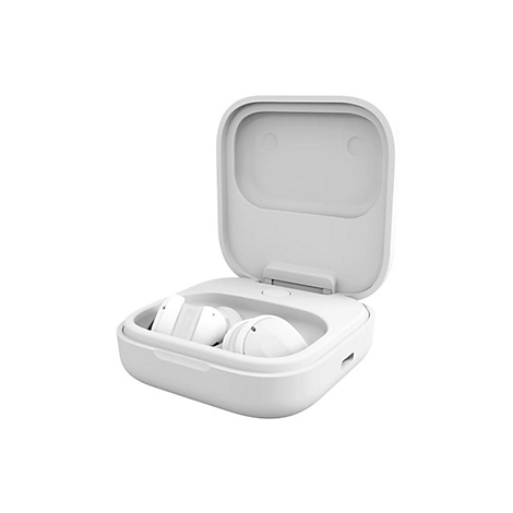 Écouteurs blancs dans un étui de chargement blanc ouvert. Les écouteurs sont visibles sur le fond blanc.