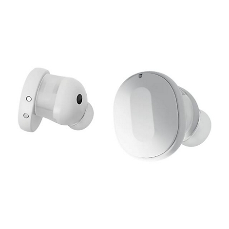 Deux écouteurs sans fil blancs sur fond blanc. L'un montre l'intérieur avec des boutons, l'autre l'extérieur.