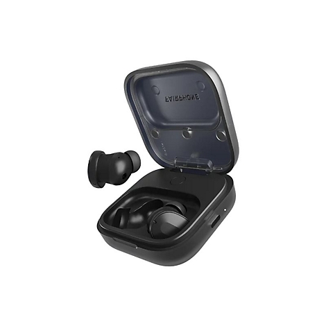 Schwarze Fairphone Earbuds mit Ladecase vor weißem Hintergrund.