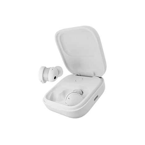 Weiße True-Wireless-Kopfhörer mit geöffnetem Ladecase, einzelner Kopfhörer schwebt daneben.