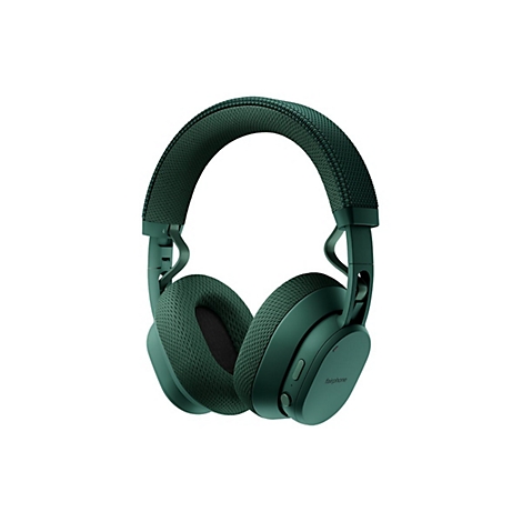 Casque audio vert foncé, vue détaillée. Arceau rembourré, coussinets d'oreille, étiquette "fairphone".
