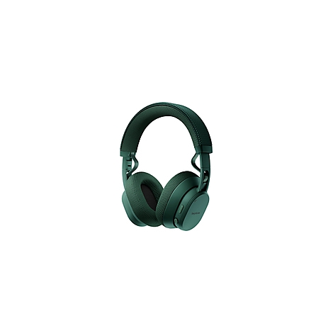 Casque audio vert foncé, plan rapproché avec coussinets d'oreille rembourrés et bandeau réglable.