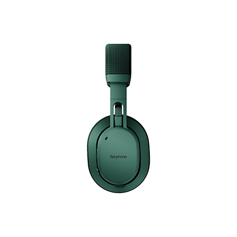 Casque circum-auriculaire vert photographié d'en haut. Le microphone pointe droit vers le haut, avec le casque en dessous.