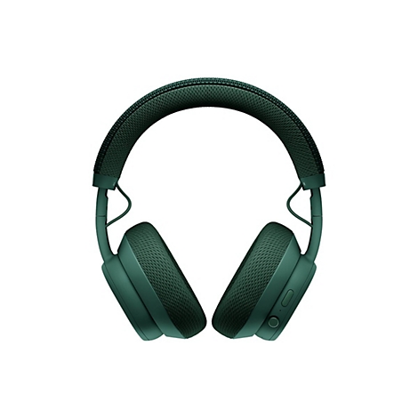 Casque vert foncé, de face sur fond blanc. Les écouteurs et le bandeau sont rembourrés.