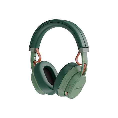 Grüne Kopfhörer mit braunen Akzenten und dem Schriftzug FAIRPHONE.