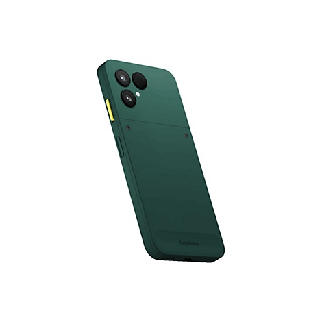 Dunkelgrünes Fairphone-Smartphone mit drei Kameraobjektiven, gelbem Knopf und Fairphone-Logo. Auf weißem Hintergrund.