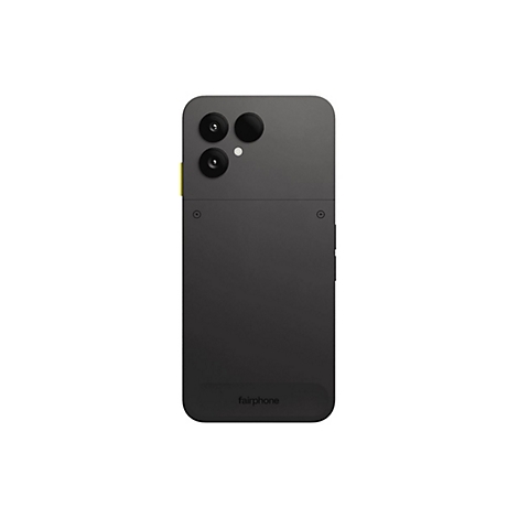 Ein schwarzes Fairphone, Rückseite. Oben drei Kameras, unten das Fairphone-Logo.