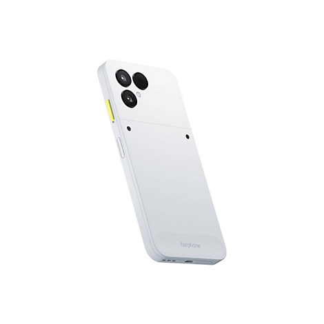 Weißes Smartphone mit drei Kameras, gelbem Power-Button und Fairphone-Logo.