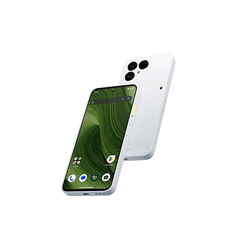 Deux smartphones blancs, l'un au premier plan avec des tourbillons verts sur l'écran, l'autre derrière.