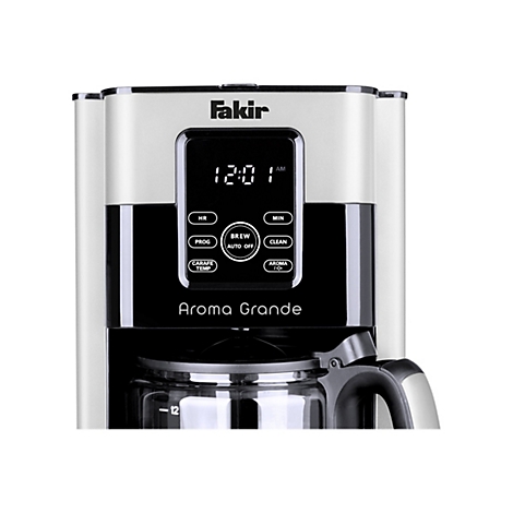 Nahaufnahme der Vorderseite einer silber-schwarzen Fakir Aroma Grande Kaffeemaschine mit digitaler Anzeige.