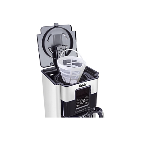 Kaffeemaschine Fakir Aroma Grande mit offenem Deckel und herausnehmbarem weißem Permanentfilter.