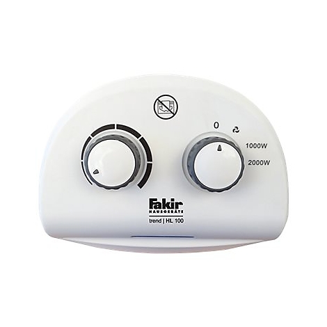 Bedienelement eines Fakir HL 100 Heizlüfters mit zwei Drehreglern und Warnsymbol vor Abdeckung.