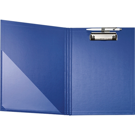 Porte-bloc bleu, ouvert, avec porte-stylo et stylo.