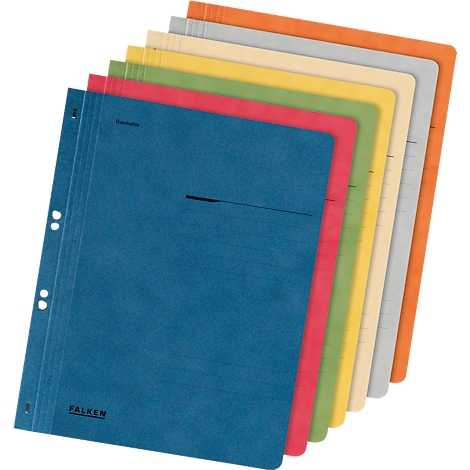 Stacked multi-colored file folders. The blue folder is in front, FALKEN logo visible. Perforation and recess.