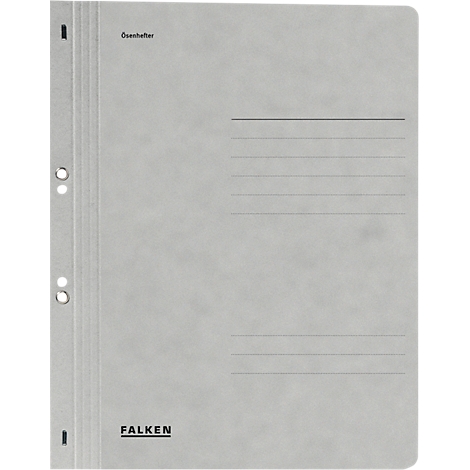 Gray Falken file folder with holes, lines, and lettering. There is a black line on the top left, the logo at the bottom.