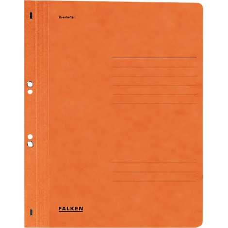 An orange Falken file folder, featuring the text "Falken" and perforated for punching.